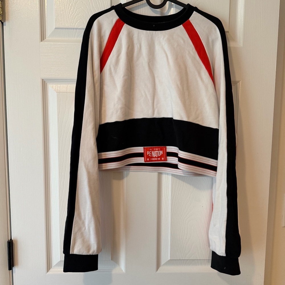 P.E NATION Black, White & Red Logo Cropped Pullover